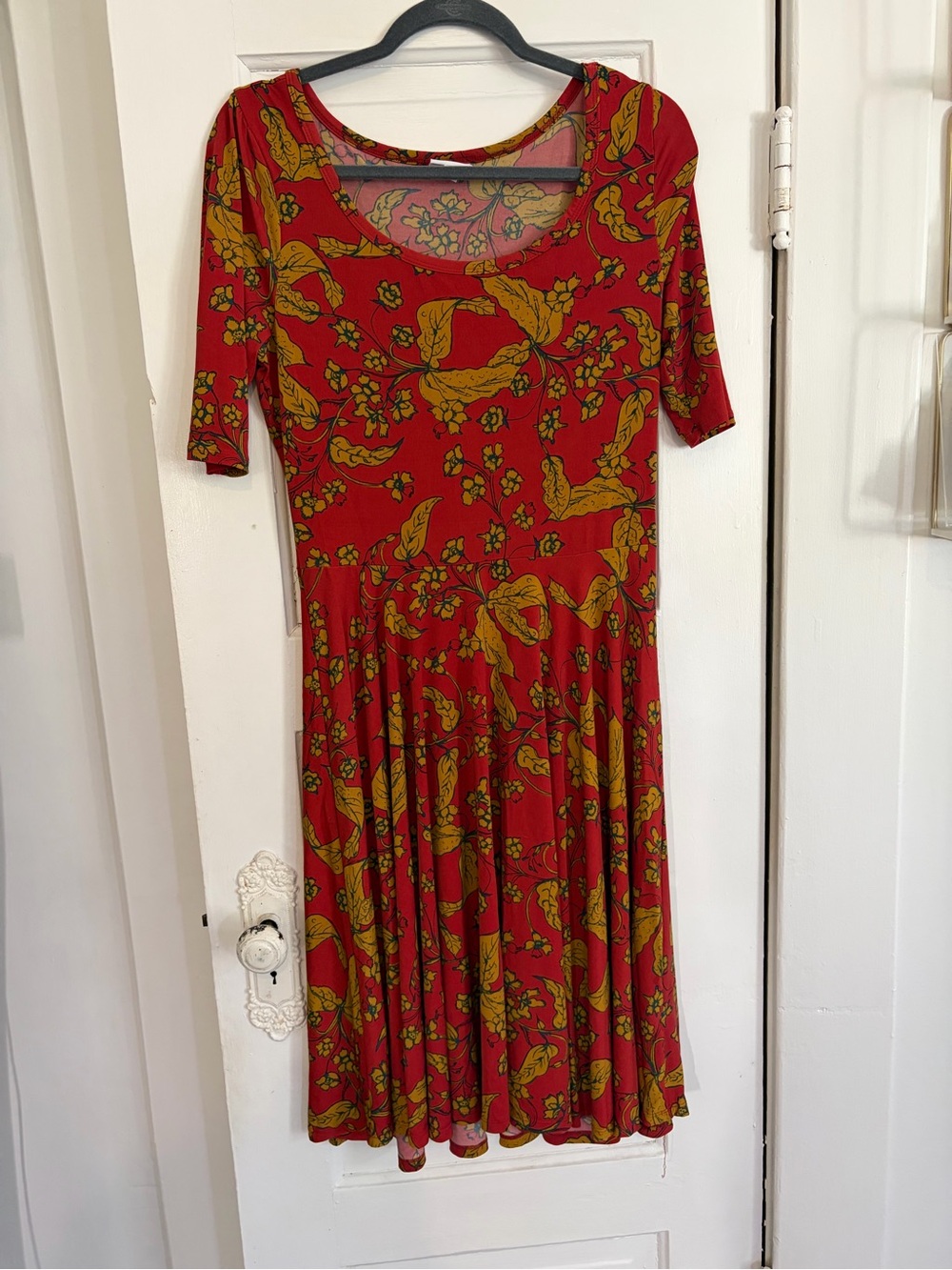 LuLaRoe Red Midi Dress with Mustard Floral Print